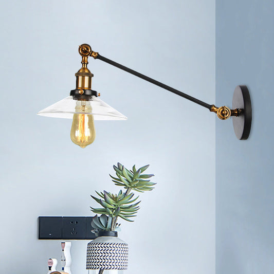 Frendorf | 1 Licht Binnen Wandlamp Vintage Zwart/Brass/Bronze Verlichtingsarmatuur met Kegel Transparante Glazen Shade, 8"/12" L Arm