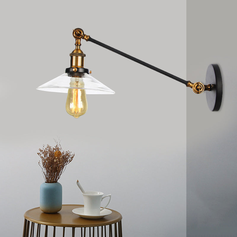Frendorf | 1 Licht Binnen Wandlamp Vintage Zwart/Brass/Bronze Verlichtingsarmatuur met Kegel Transparante Glazen Shade, 8"/12" L Arm