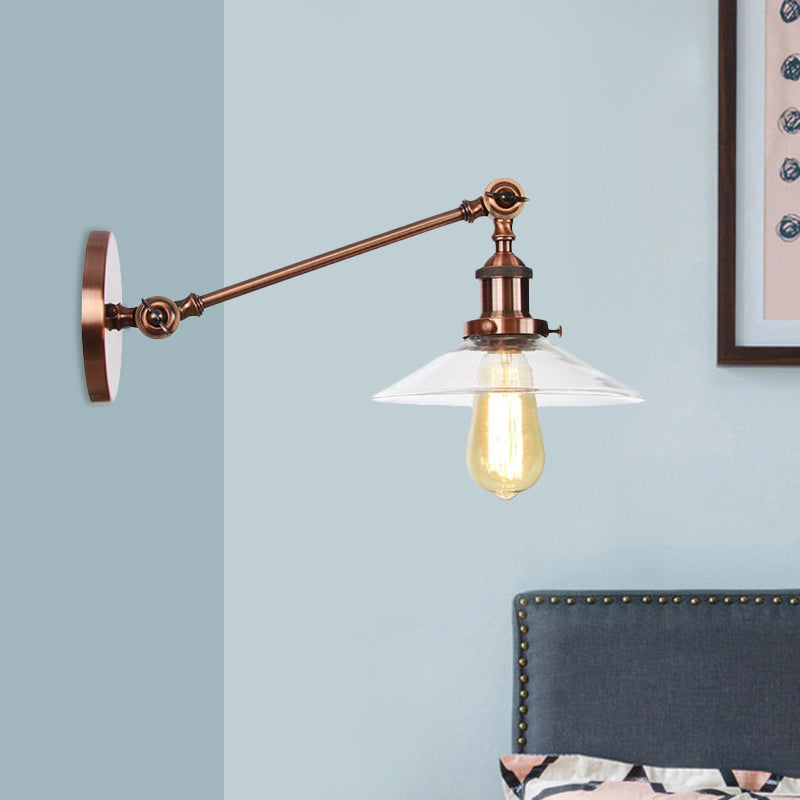Frendorf | 1 Licht Binnen Wandlamp Vintage Zwart/Brass/Bronze Verlichtingsarmatuur met Kegel Transparante Glazen Shade, 8"/12" L Arm