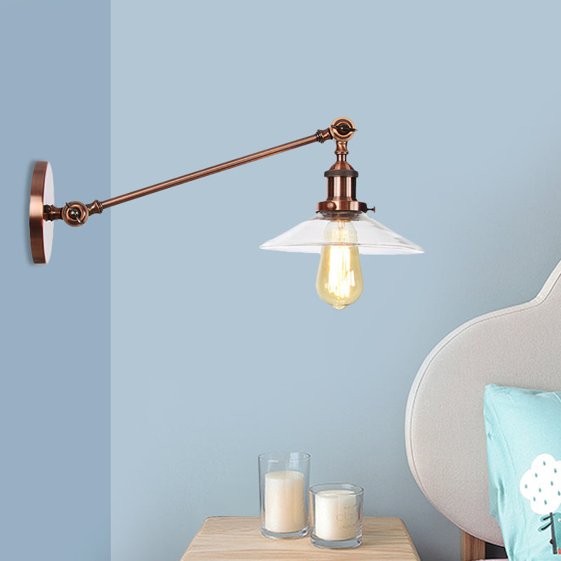 Frendorf | 1 Licht Binnen Wandlamp Vintage Zwart/Brass/Bronze Verlichtingsarmatuur met Kegel Transparante Glazen Shade, 8"/12" L Arm