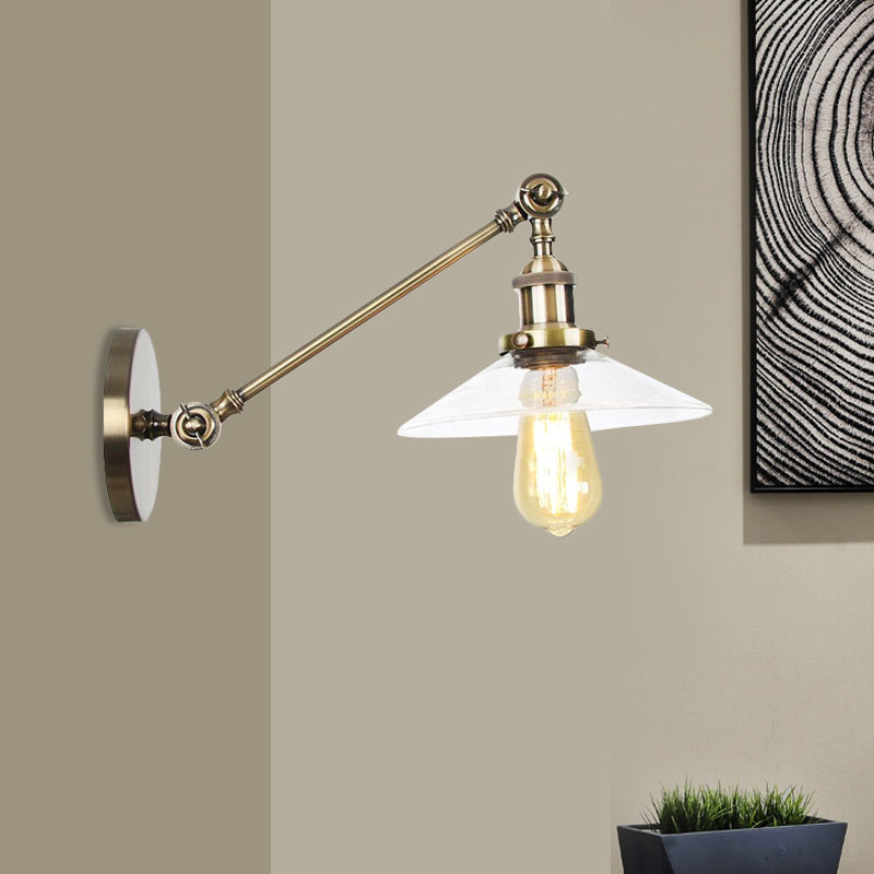 Frendorf | 1 Licht Binnen Wandlamp Vintage Zwart/Brass/Bronze Verlichtingsarmatuur met Kegel Transparante Glazen Shade, 8"/12" L Arm