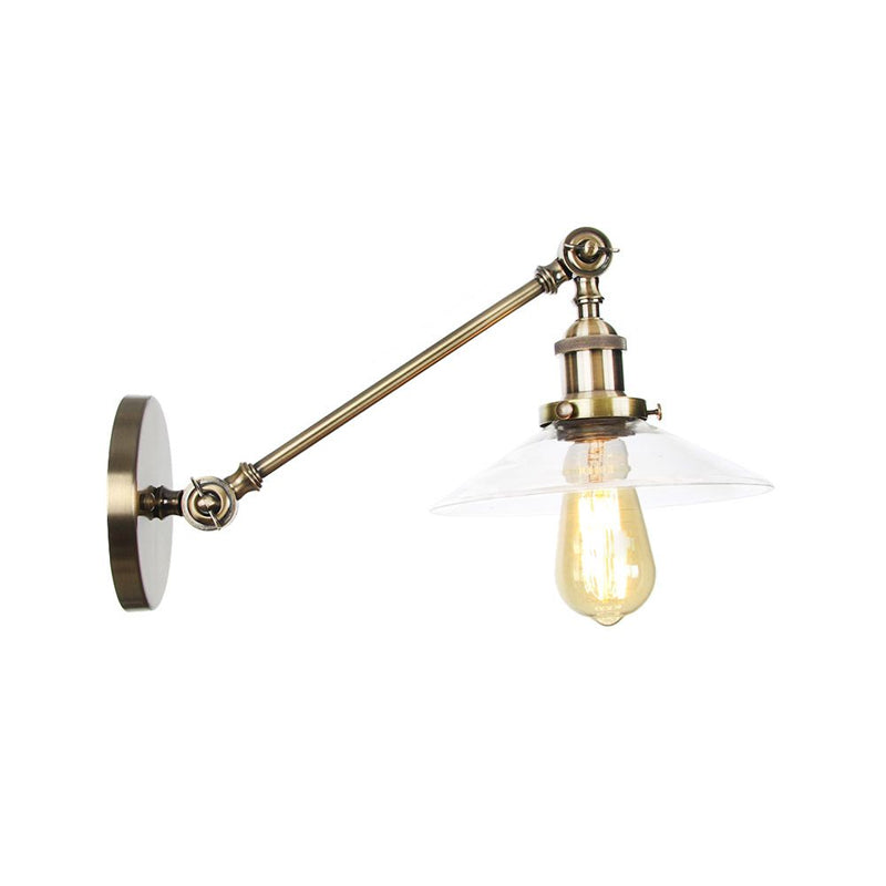 Frendorf | 1 Licht Binnen Wandlamp Vintage Zwart/Brass/Bronze Verlichtingsarmatuur met Kegel Transparante Glazen Shade, 8"/12" L Arm