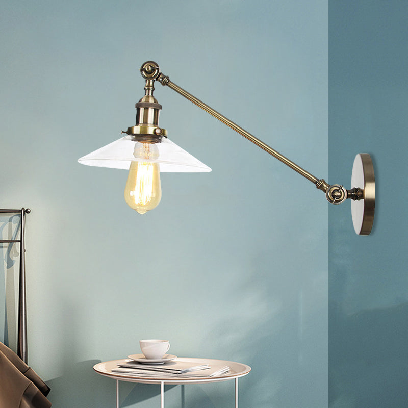 Frendorf | 1 Licht Binnen Wandlamp Vintage Zwart/Brass/Bronze Verlichtingsarmatuur met Kegel Transparante Glazen Shade, 8"/12" L Arm