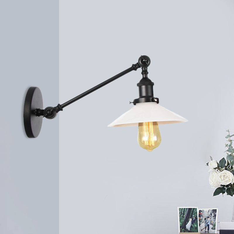 Frendorf | Industriële Conische Wandlamp 1 Licht Opal Glas Wandlamp in Zwart/Roodkoper/Messing met Arm, 8"/12" L