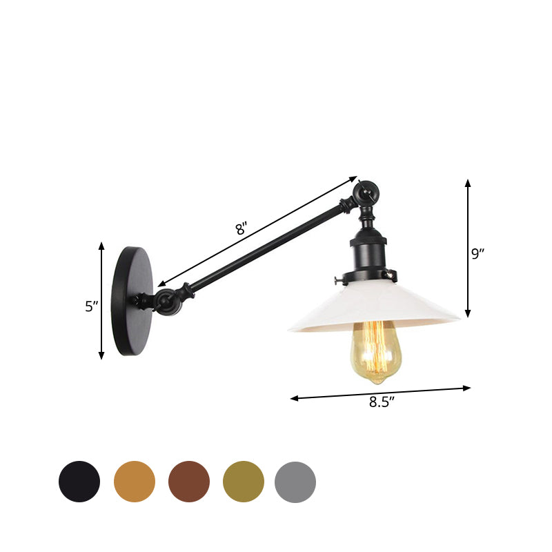 Frendorf | Industriële Conische Wandlamp 1 Licht Opal Glas Wandlamp in Zwart/Roodkoper/Messing met Arm, 8"/12" L