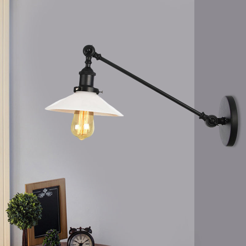 Frendorf | Industriële Conische Wandlamp 1 Licht Opal Glas Wandlamp in Zwart/Roodkoper/Messing met Arm, 8"/12" L