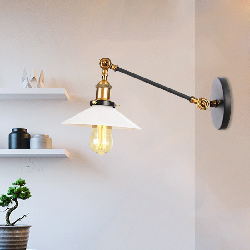 Frendorf | Industriële Conische Wandlamp 1 Licht Opal Glas Wandlamp in Zwart/Roodkoper/Messing met Arm, 8"/12" L