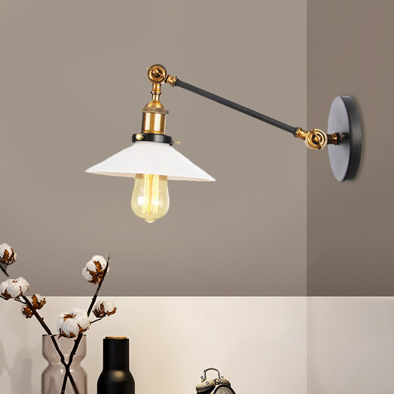 Frendorf | Industriële Conische Wandlamp 1 Licht Opal Glas Wandlamp in Zwart/Roodkoper/Messing met Arm, 8"/12" L