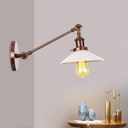 Frendorf | Industriële Conische Wandlamp 1 Licht Opal Glas Wandlamp in Zwart/Roodkoper/Messing met Arm, 8"/12" L