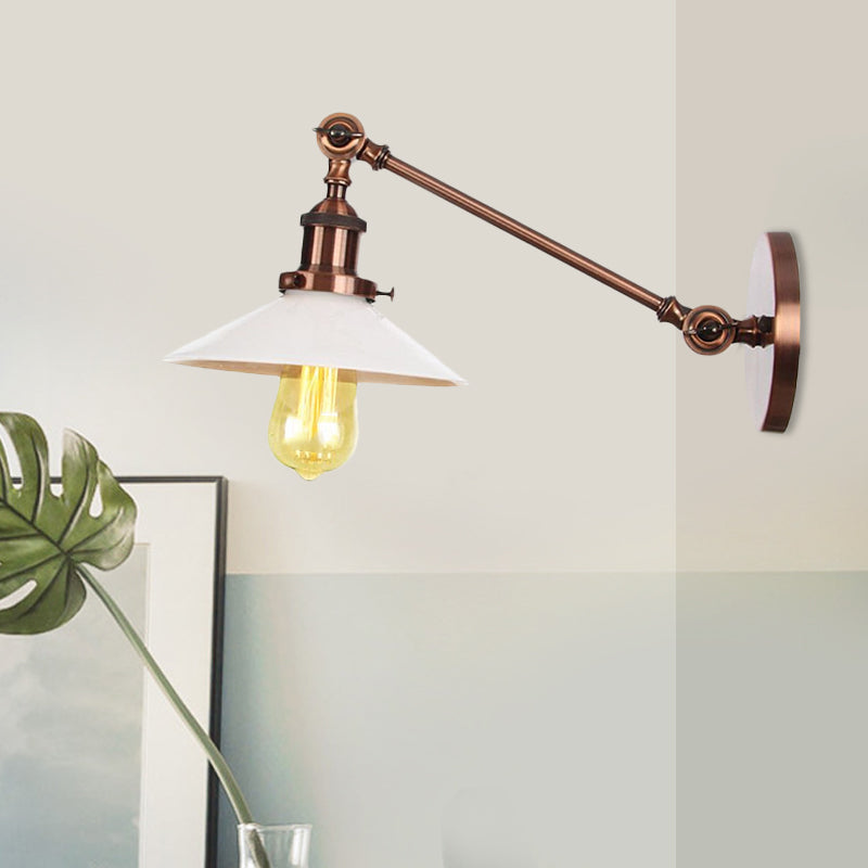 Frendorf | Industriële Conische Wandlamp 1 Licht Opal Glas Wandlamp in Zwart/Roodkoper/Messing met Arm, 8"/12" L