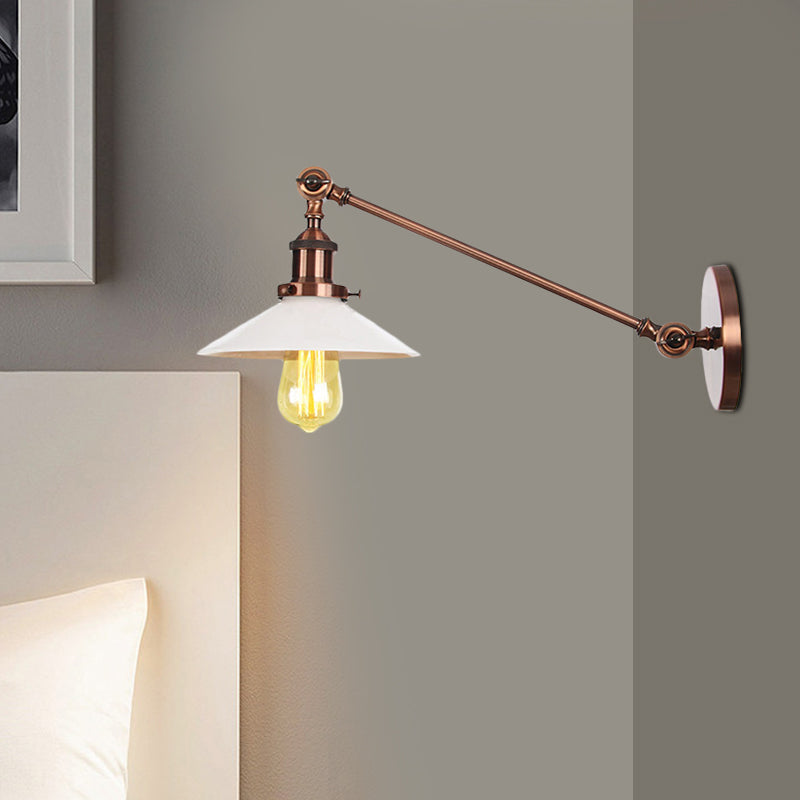Frendorf | Industriële Conische Wandlamp 1 Licht Opal Glas Wandlamp in Zwart/Roodkoper/Messing met Arm, 8"/12" L
