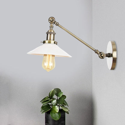 Frendorf | Industriële Conische Wandlamp 1 Licht Opal Glas Wandlamp in Zwart/Roodkoper/Messing met Arm, 8"/12" L