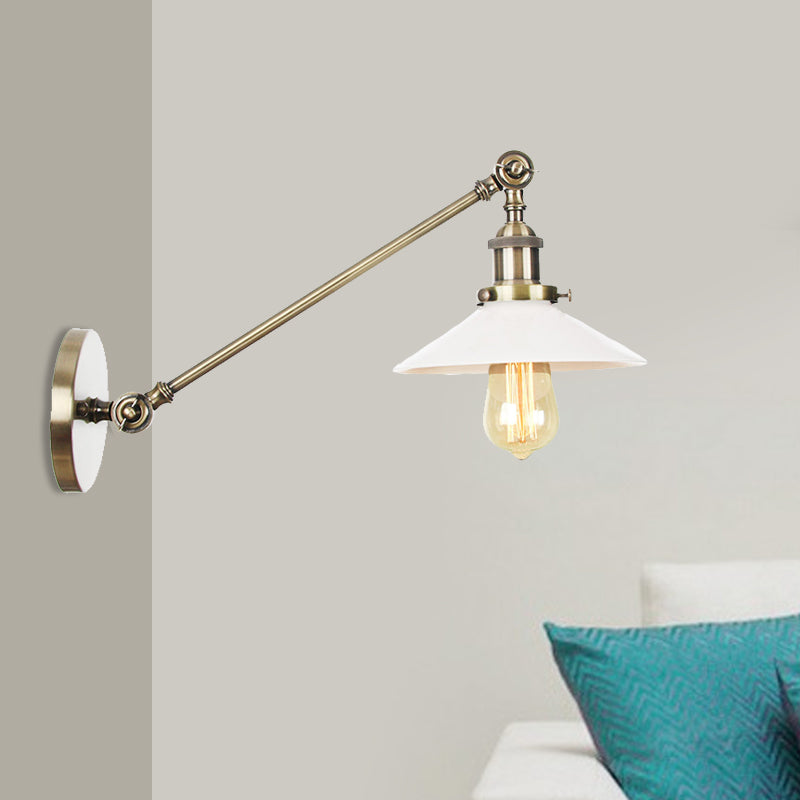 Frendorf | Industriële Conische Wandlamp 1 Licht Opal Glas Wandlamp in Zwart/Roodkoper/Messing met Arm, 8"/12" L