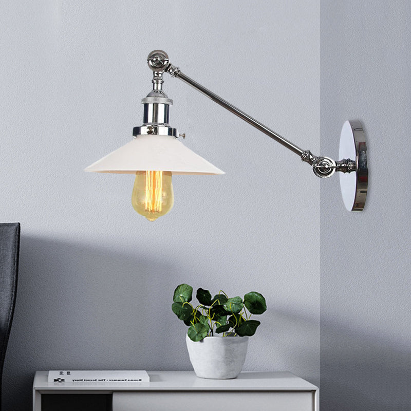 Frendorf | Industriële Conische Wandlamp 1 Licht Opal Glas Wandlamp in Zwart/Roodkoper/Messing met Arm, 8"/12" L