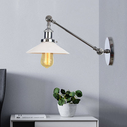 Frendorf | Industriële Conische Wandlamp 1 Licht Opal Glas Wandlamp in Zwart/Roodkoper/Messing met Arm, 8"/12" L