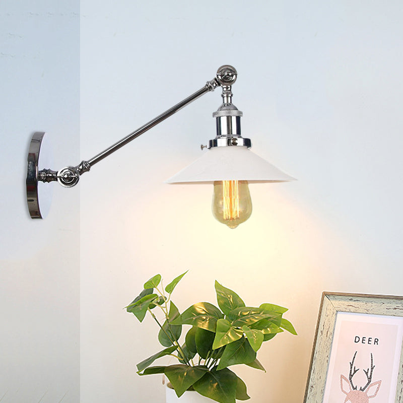 Frendorf | Industriële Conische Wandlamp 1 Licht Opal Glas Wandlamp in Zwart/Roodkoper/Messing met Arm, 8"/12" L