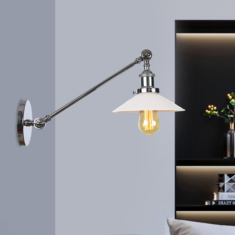 Frendorf | Industriële Conische Wandlamp 1 Licht Opal Glas Wandlamp in Zwart/Roodkoper/Messing met Arm, 8"/12" L