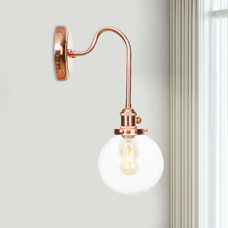 Frendorf | Vintage Globe Wandverlichting 1 Licht Duidelijk/Amber Glas Wandlamp in Koper met Bochtige Arm