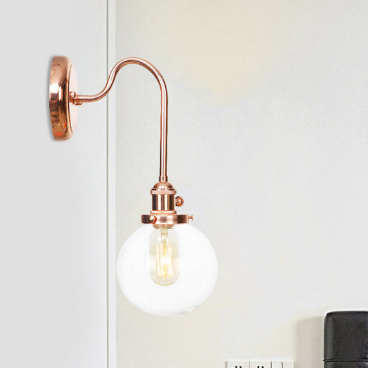 Frendorf | Vintage Globe Wandverlichting 1 Licht Duidelijk/Amber Glas Wandlamp in Koper met Bochtige Arm