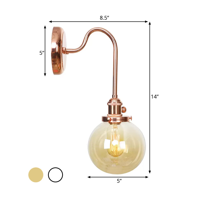 Frendorf | Vintage Globe Wandverlichting 1 Licht Duidelijk/Amber Glas Wandlamp in Koper met Bochtige Arm