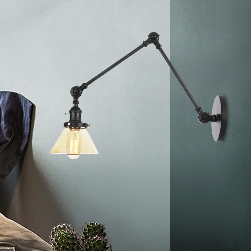 Frendorf | 1 Licht Wandlamp Industriële Conische Duidelijk/Amber Glazen Wandlamp in Zwart/Bronze/Messing met Verstelbare Arm, 8“+8"/8"+8"+8" Lang