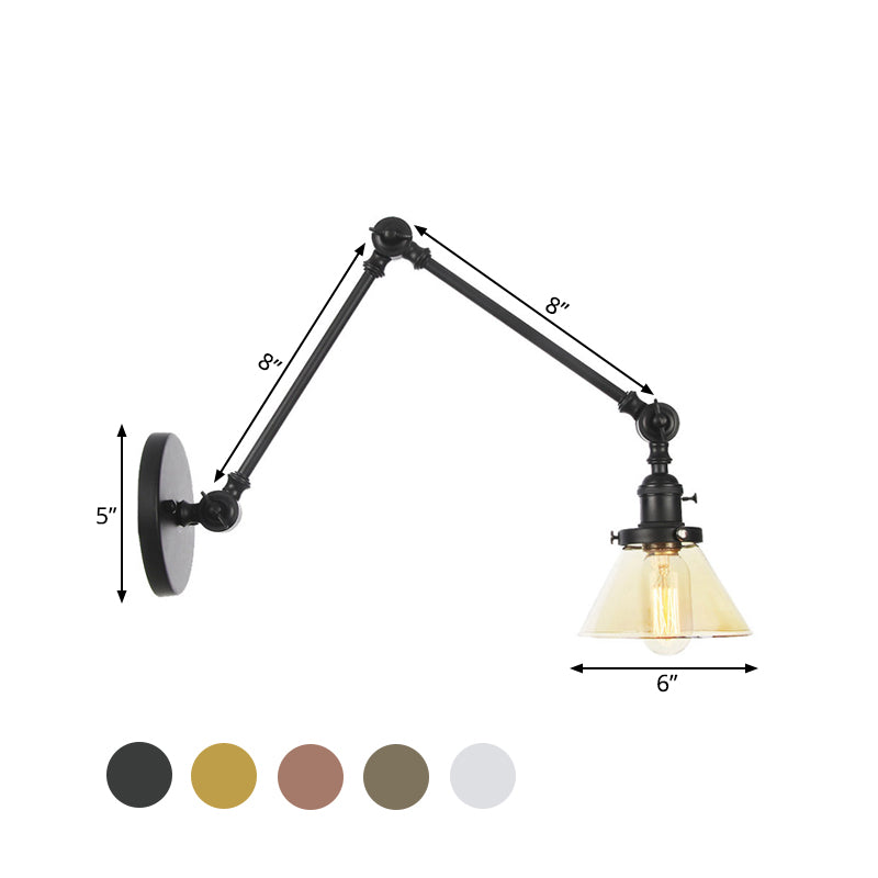 Frendorf | 1 Licht Wandlamp Industriële Conische Duidelijk/Amber Glazen Wandlamp in Zwart/Bronze/Messing met Verstelbare Arm, 8“+8"/8"+8"+8" Lang