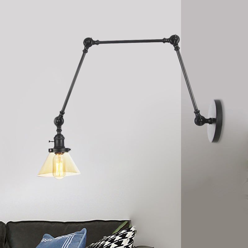 Frendorf | 1 Licht Wandlamp Industriële Conische Duidelijk/Amber Glazen Wandlamp in Zwart/Bronze/Messing met Verstelbare Arm, 8“+8"/8"+8"+8" Lang