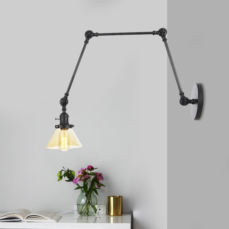 Frendorf | 1 Licht Wandlamp Industriële Conische Duidelijk/Amber Glazen Wandlamp in Zwart/Bronze/Messing met Verstelbare Arm, 8“+8"/8"+8"+8" Lang