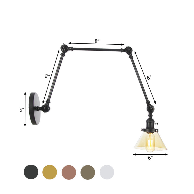 Frendorf | 1 Licht Wandlamp Industriële Conische Duidelijk/Amber Glazen Wandlamp in Zwart/Bronze/Messing met Verstelbare Arm, 8“+8"/8"+8"+8" Lang