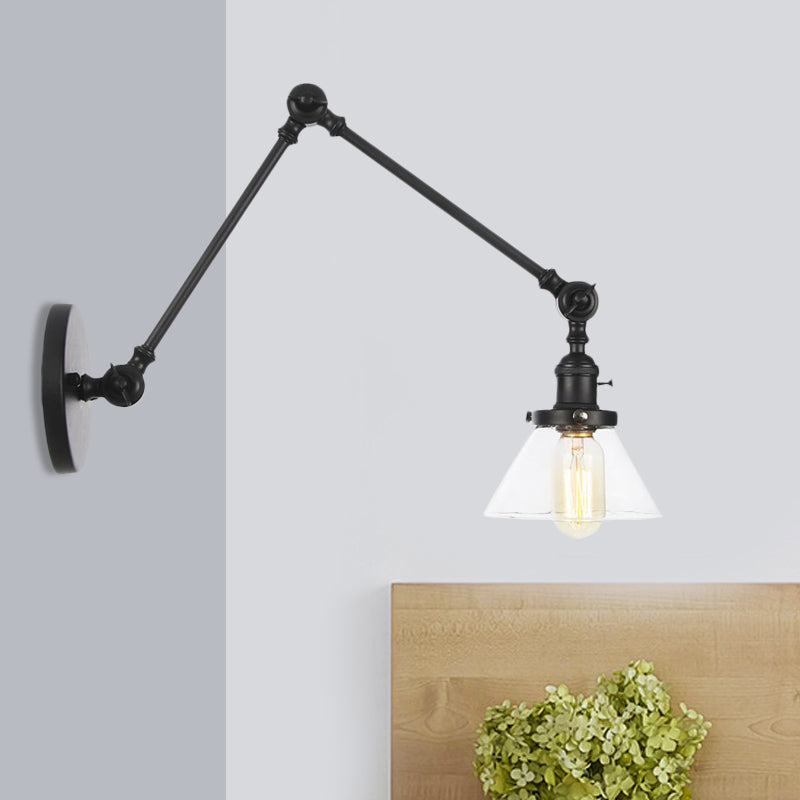 Frendorf | 1 Licht Wandlamp Industriële Conische Duidelijk/Amber Glazen Wandlamp in Zwart/Bronze/Messing met Verstelbare Arm, 8“+8"/8"+8"+8" Lang