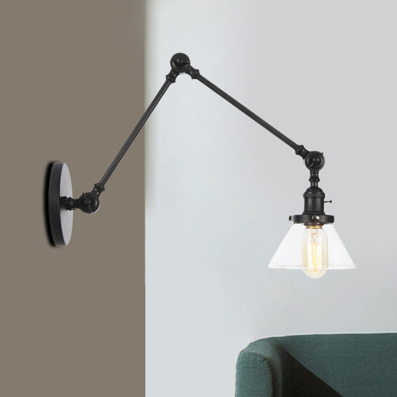 Frendorf | 1 Licht Wandlamp Industriële Conische Duidelijk/Amber Glazen Wandlamp in Zwart/Bronze/Messing met Verstelbare Arm, 8“+8"/8"+8"+8" Lang