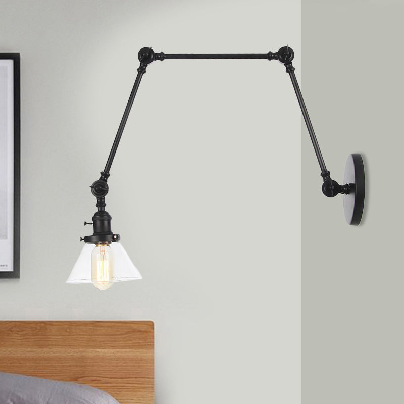 Frendorf | 1 Licht Wandlamp Industriële Conische Duidelijk/Amber Glazen Wandlamp in Zwart/Bronze/Messing met Verstelbare Arm, 8“+8"/8"+8"+8" Lang
