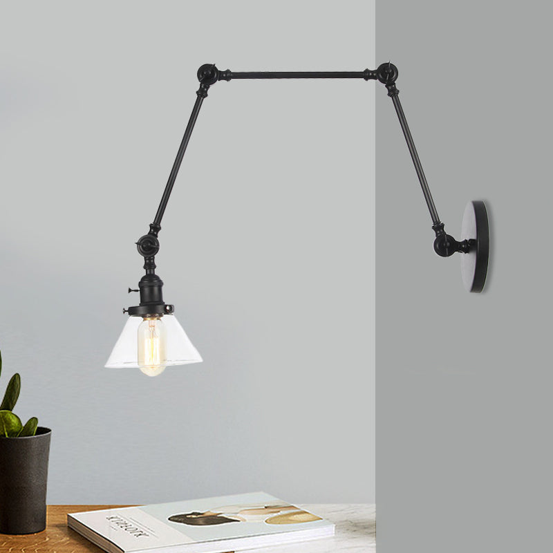 Frendorf | 1 Licht Wandlamp Industriële Conische Duidelijk/Amber Glazen Wandlamp in Zwart/Bronze/Messing met Verstelbare Arm, 8“+8"/8"+8"+8" Lang