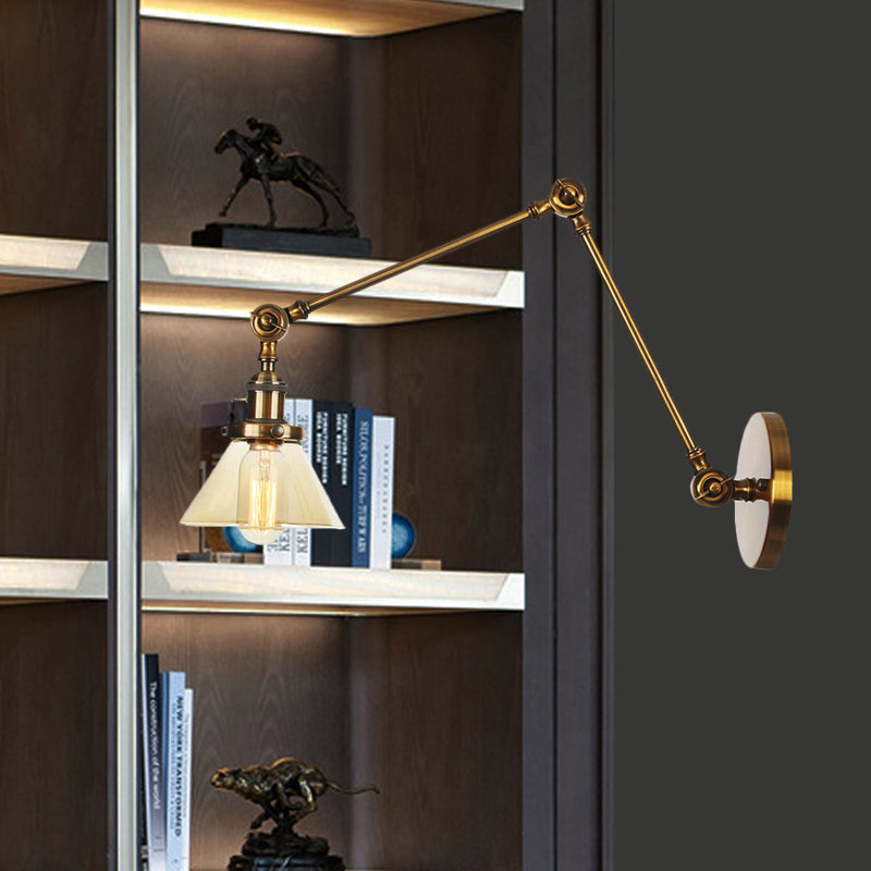 Frendorf | 1 Licht Wandlamp Industriële Conische Duidelijk/Amber Glazen Wandlamp in Zwart/Bronze/Messing met Verstelbare Arm, 8“+8"/8"+8"+8" Lang