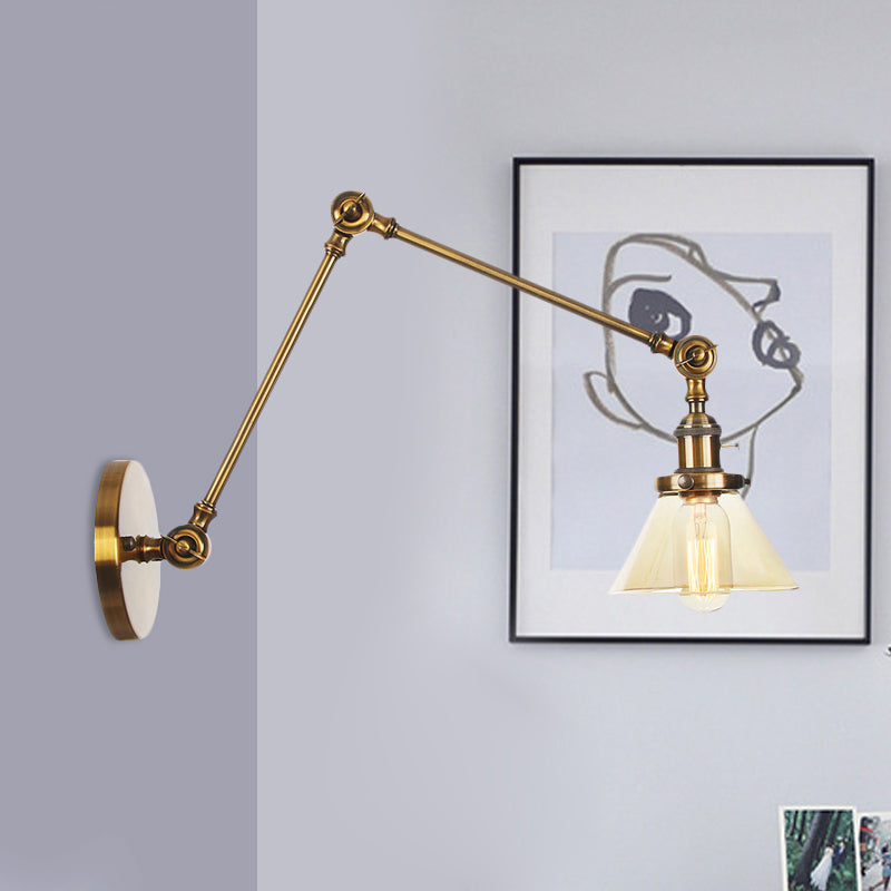Frendorf | 1 Licht Wandlamp Industriële Conische Duidelijk/Amber Glazen Wandlamp in Zwart/Bronze/Messing met Verstelbare Arm, 8“+8"/8"+8"+8" Lang