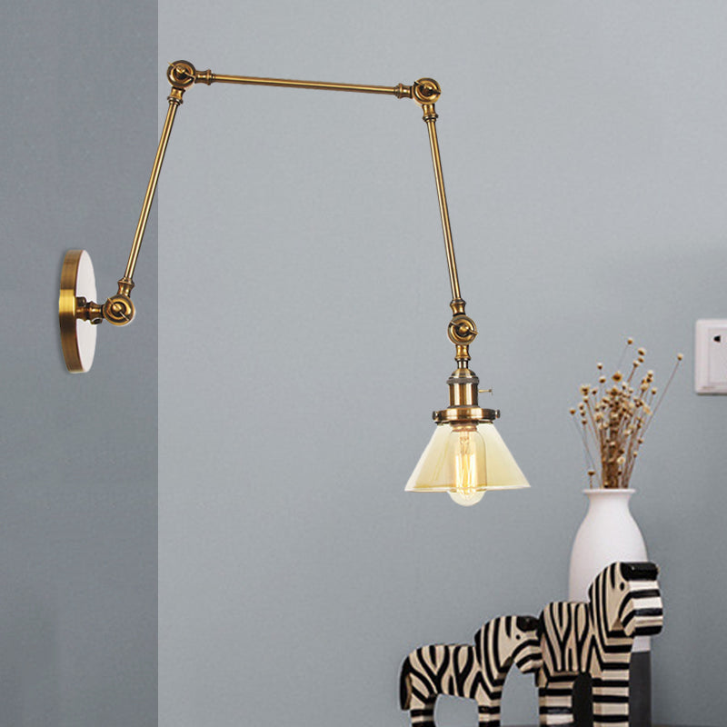 Frendorf | 1 Licht Wandlamp Industriële Conische Duidelijk/Amber Glazen Wandlamp in Zwart/Bronze/Messing met Verstelbare Arm, 8“+8"/8"+8"+8" Lang