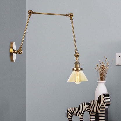 Frendorf | 1 Licht Wandlamp Industriële Conische Duidelijk/Amber Glazen Wandlamp in Zwart/Bronze/Messing met Verstelbare Arm, 8“+8"/8"+8"+8" Lang