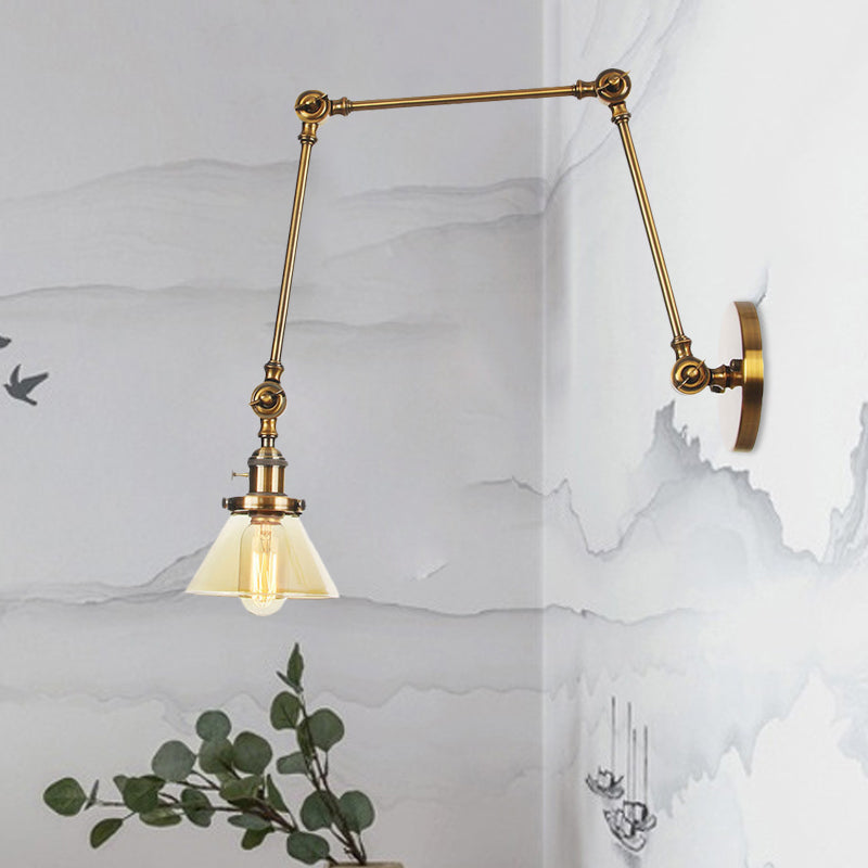 Frendorf | 1 Licht Wandlamp Industriële Conische Duidelijk/Amber Glazen Wandlamp in Zwart/Bronze/Messing met Verstelbare Arm, 8“+8"/8"+8"+8" Lang