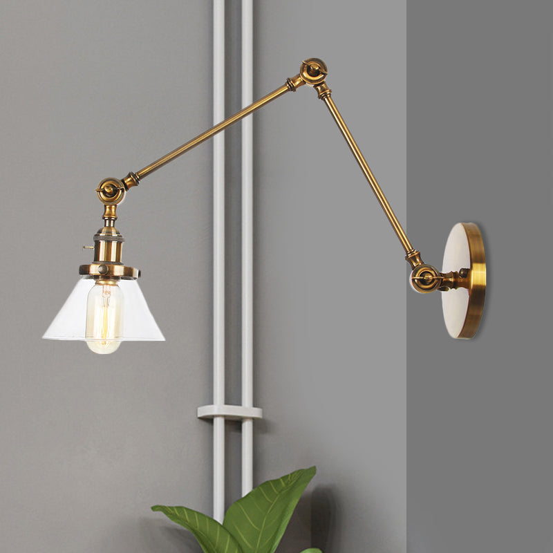Frendorf | 1 Licht Wandlamp Industriële Conische Duidelijk/Amber Glazen Wandlamp in Zwart/Bronze/Messing met Verstelbare Arm, 8“+8"/8"+8"+8" Lang