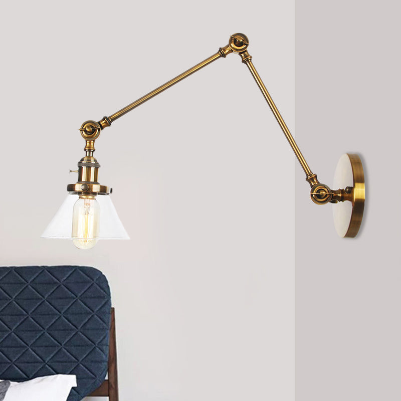 Frendorf | 1 Licht Wandlamp Industriële Conische Duidelijk/Amber Glazen Wandlamp in Zwart/Bronze/Messing met Verstelbare Arm, 8“+8"/8"+8"+8" Lang