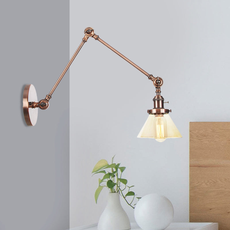 Frendorf | 1 Licht Wandlamp Industriële Conische Duidelijk/Amber Glazen Wandlamp in Zwart/Bronze/Messing met Verstelbare Arm, 8“+8"/8"+8"+8" Lang