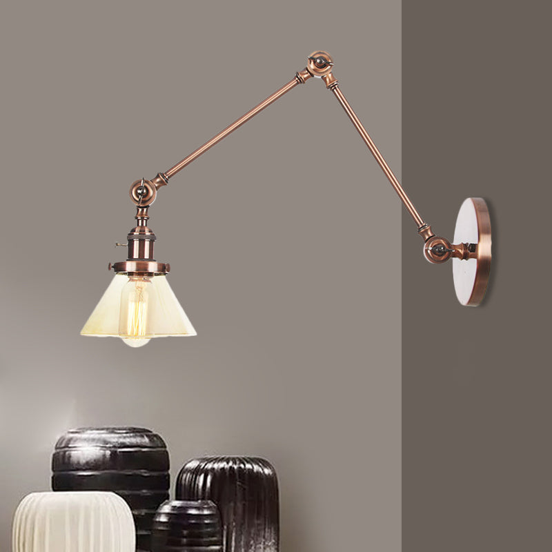 Frendorf | 1 Licht Wandlamp Industriële Conische Duidelijk/Amber Glazen Wandlamp in Zwart/Bronze/Messing met Verstelbare Arm, 8“+8"/8"+8"+8" Lang
