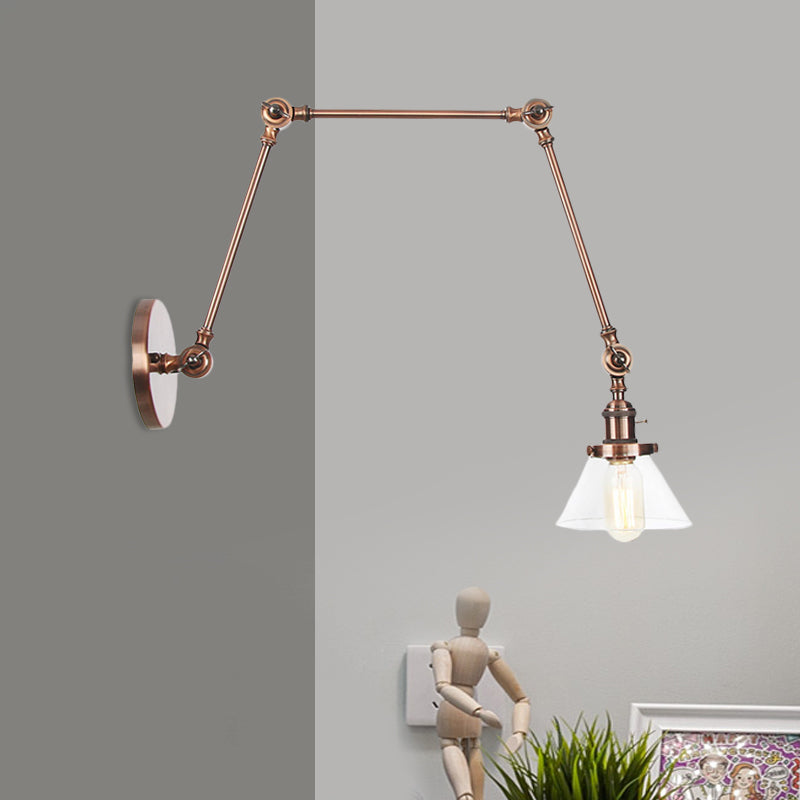 Frendorf | 1 Licht Wandlamp Industriële Conische Duidelijk/Amber Glazen Wandlamp in Zwart/Bronze/Messing met Verstelbare Arm, 8“+8"/8"+8"+8" Lang