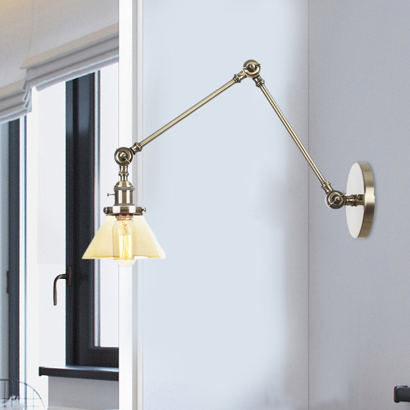 Frendorf | 1 Licht Wandlamp Industriële Conische Duidelijk/Amber Glazen Wandlamp in Zwart/Bronze/Messing met Verstelbare Arm, 8“+8"/8"+8"+8" Lang