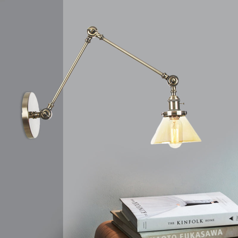 Frendorf | 1 Licht Wandlamp Industriële Conische Duidelijk/Amber Glazen Wandlamp in Zwart/Bronze/Messing met Verstelbare Arm, 8“+8"/8"+8"+8" Lang
