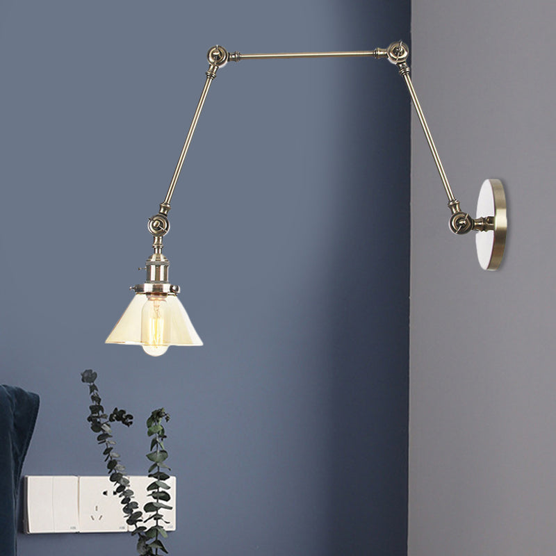 Frendorf | 1 Licht Wandlamp Industriële Conische Duidelijk/Amber Glazen Wandlamp in Zwart/Bronze/Messing met Verstelbare Arm, 8“+8"/8"+8"+8" Lang
