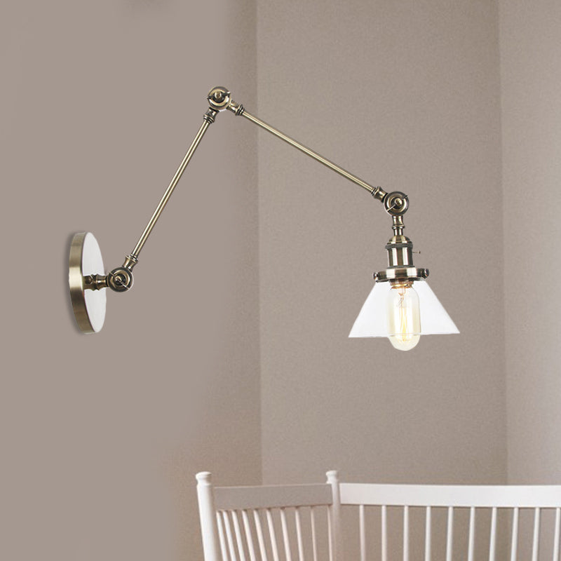 Frendorf | 1 Licht Wandlamp Industriële Conische Duidelijk/Amber Glazen Wandlamp in Zwart/Bronze/Messing met Verstelbare Arm, 8“+8"/8"+8"+8" Lang