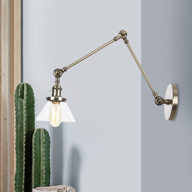Frendorf | 1 Licht Wandlamp Industriële Conische Duidelijk/Amber Glazen Wandlamp in Zwart/Bronze/Messing met Verstelbare Arm, 8“+8"/8"+8"+8" Lang