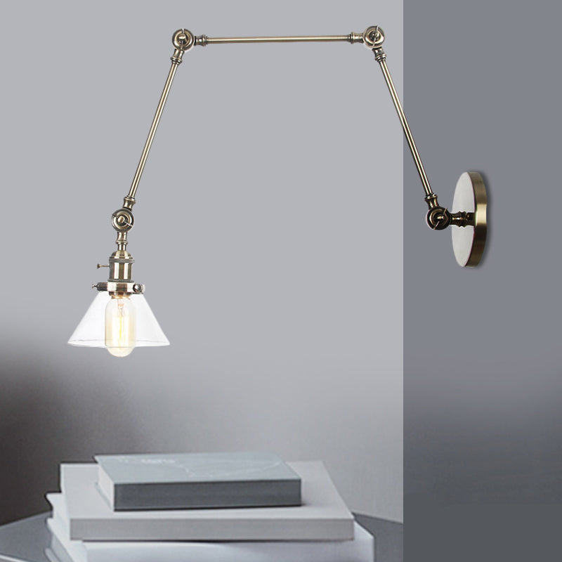 Frendorf | 1 Licht Wandlamp Industriële Conische Duidelijk/Amber Glazen Wandlamp in Zwart/Bronze/Messing met Verstelbare Arm, 8“+8"/8"+8"+8" Lang