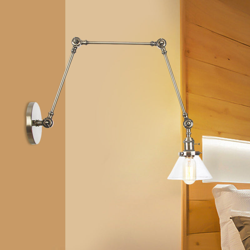 Frendorf | 1 Licht Wandlamp Industriële Conische Duidelijk/Amber Glazen Wandlamp in Zwart/Bronze/Messing met Verstelbare Arm, 8“+8"/8"+8"+8" Lang